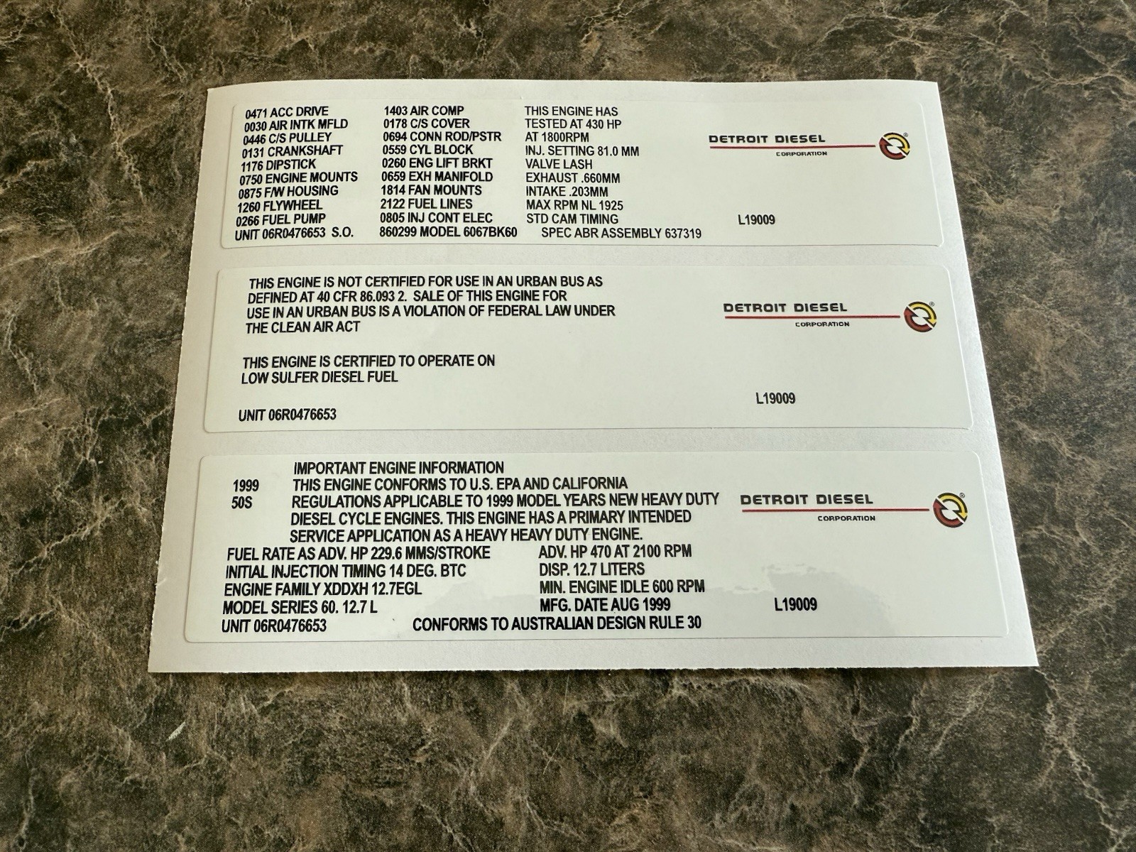1999 12.7 Detroit Diesel Series 60 Engine Sticker For Offroad Use Only