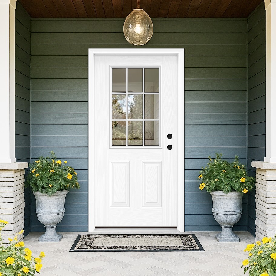 36''x80" White Exterior Fiberglass Entry Door with 9-Lite Glass & Vinyl Frame