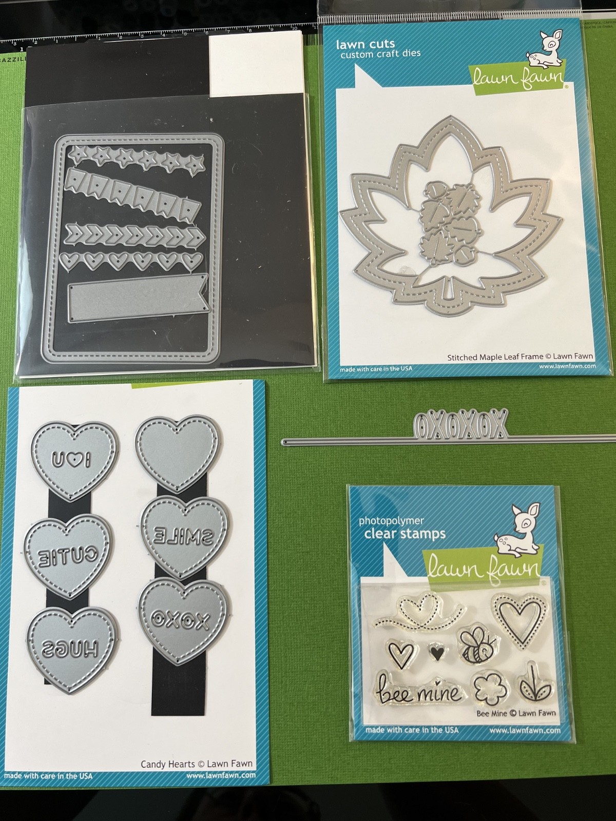 Lawn Fawn Stamp and Die Lot: Stitched Journal Card, Maple Leaf, Candy Heart, XO