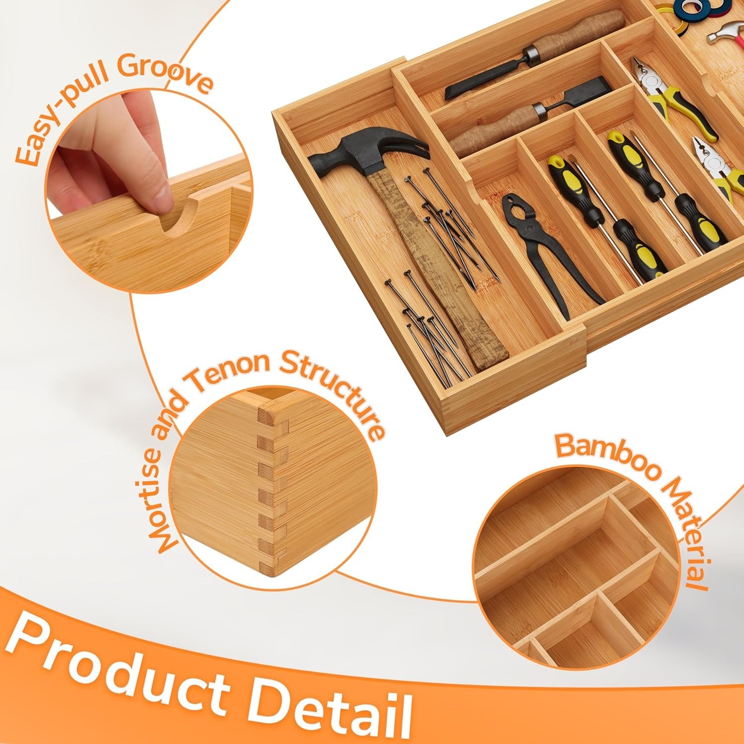 Elegant Bamboo Silverware Organizer - 3" Deep, 8-Cmp Multi-Functional Design
