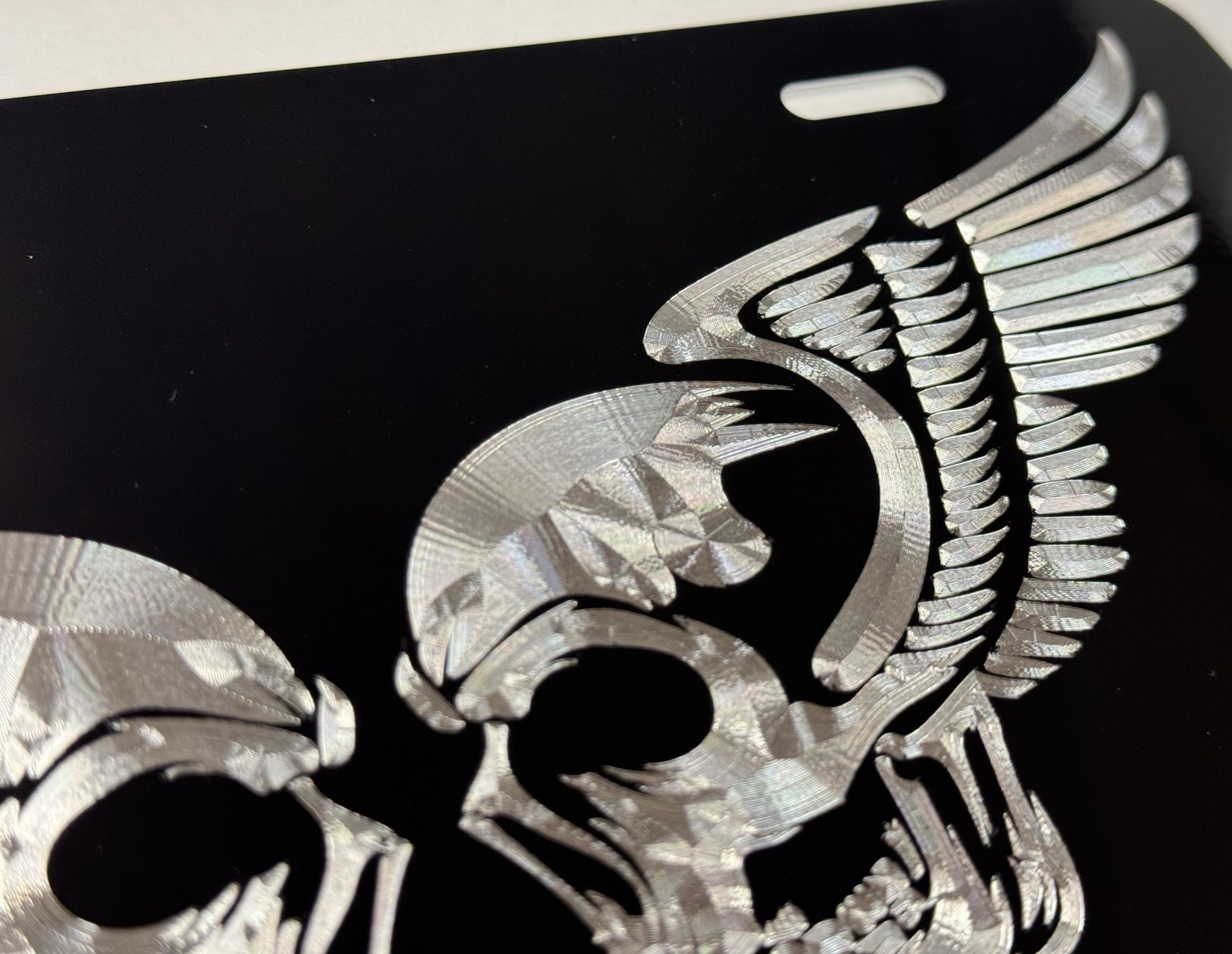 Double Skull Wings Car Tag Diamond Etched Engraved Black Front License Plate