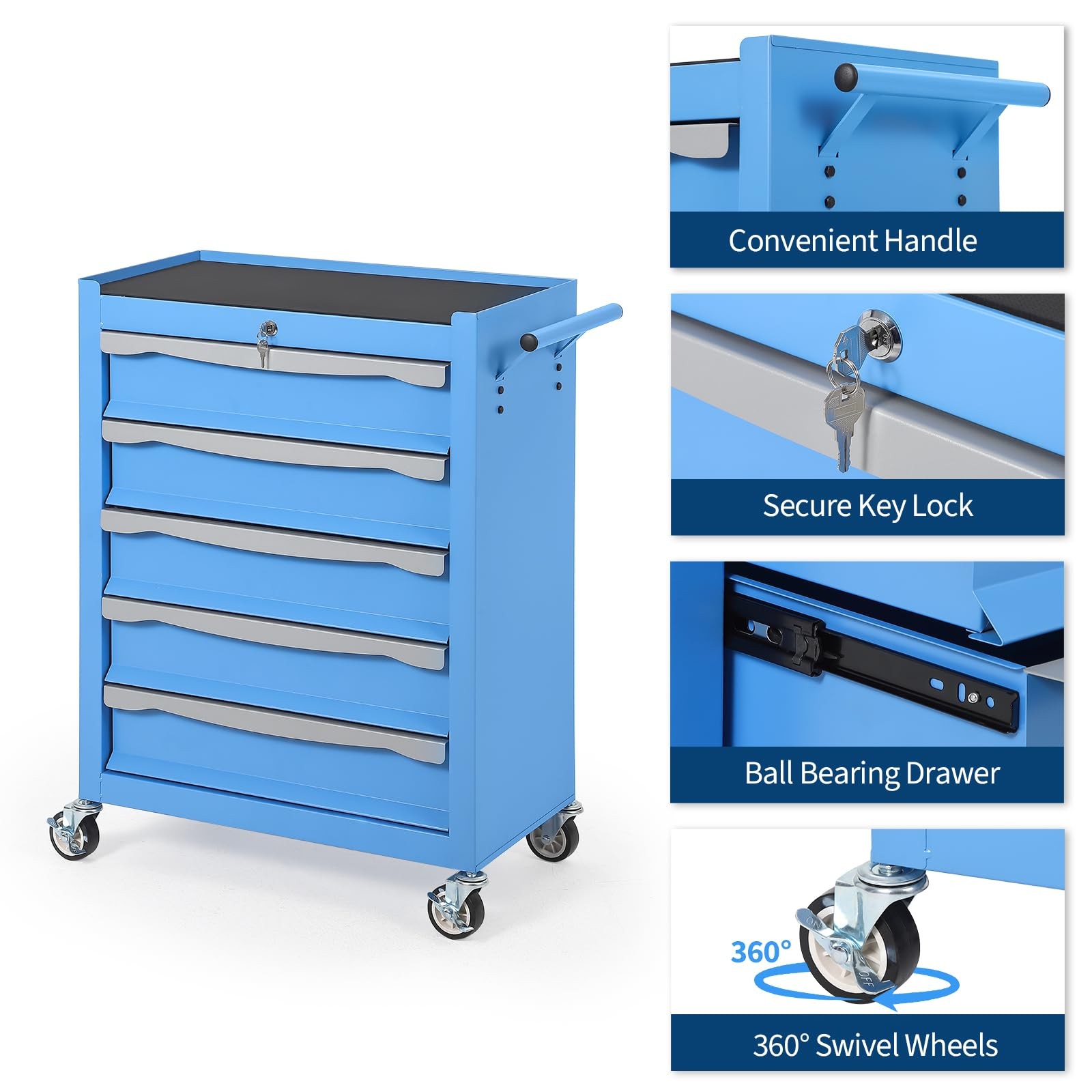 Rolling Tool Cart 5-Drawer with Locking Mechanism Wheels Mobile Tool Cabinet Set