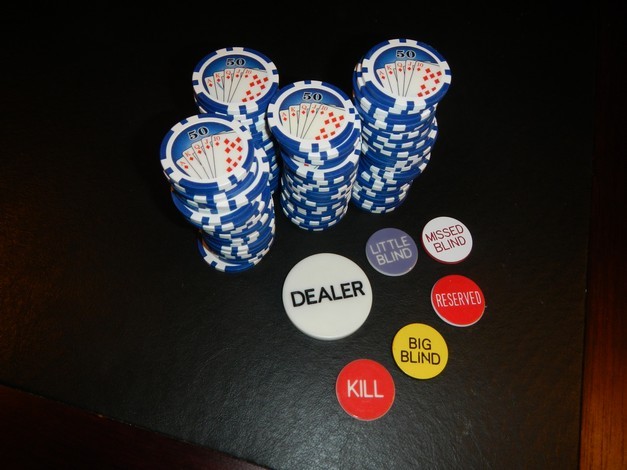 100 Blue Royal Flush Fan 11.5 gram Poker Chips + Dealer Button Set