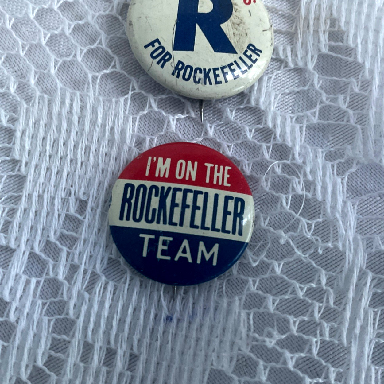 TWO ROCKEFELLER CAMPAIGN BUTTON PINS SENIOR CITIZENS & I'M ON TEAM