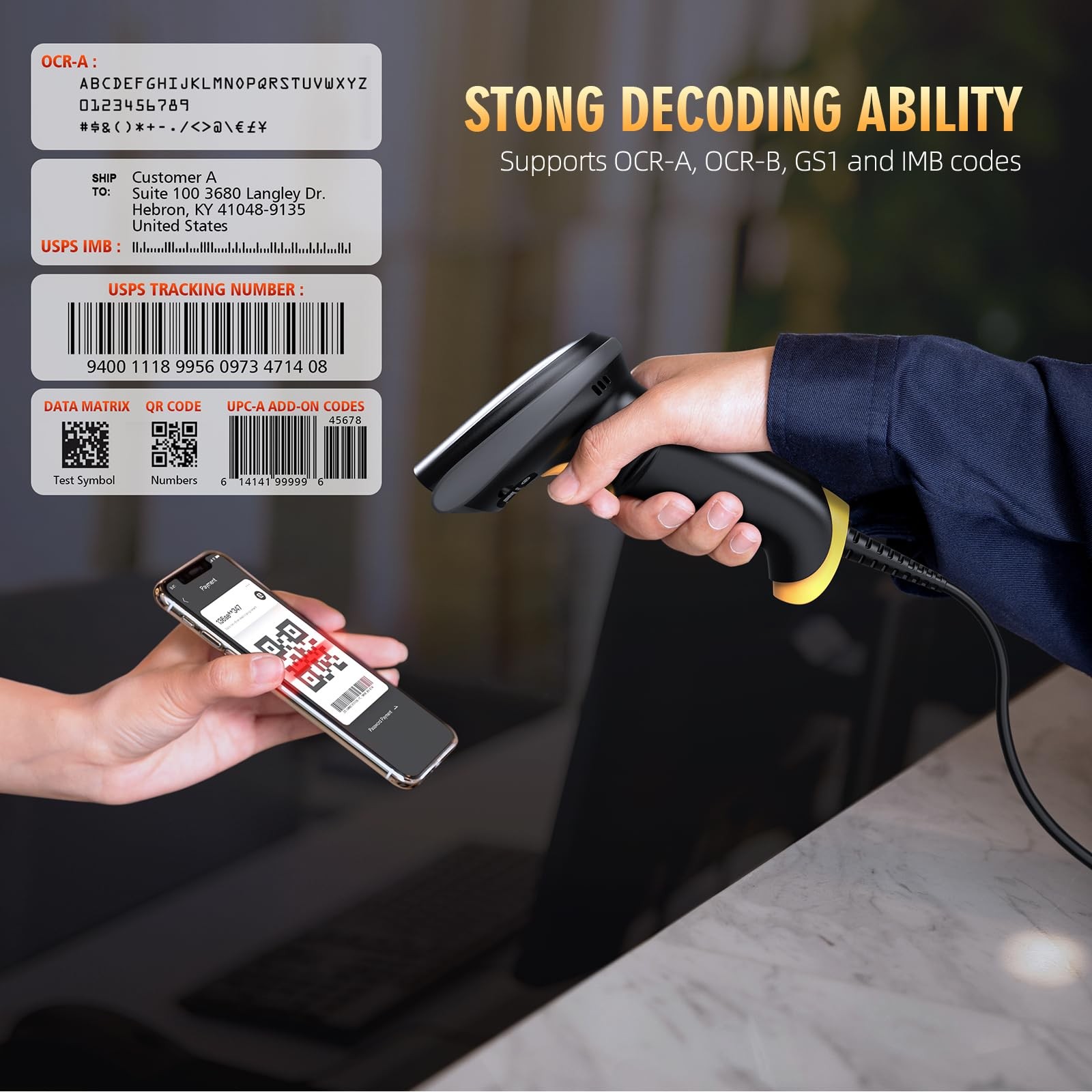 TEEMI 2D Barcode Scanner USB Wired Virtual COM Handheld Automatic QR BLACK