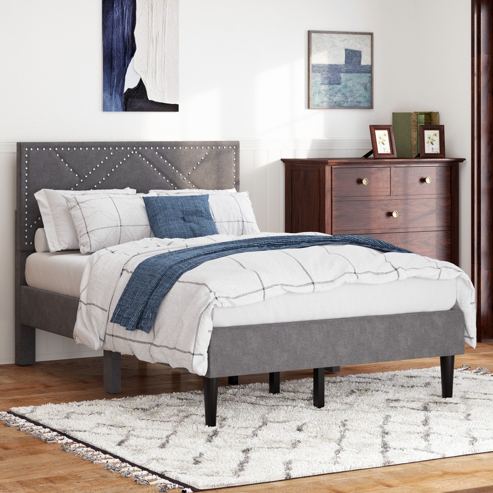 Queen Bed Frame with Storage Headboard and Drawers, Strong Metal Slats