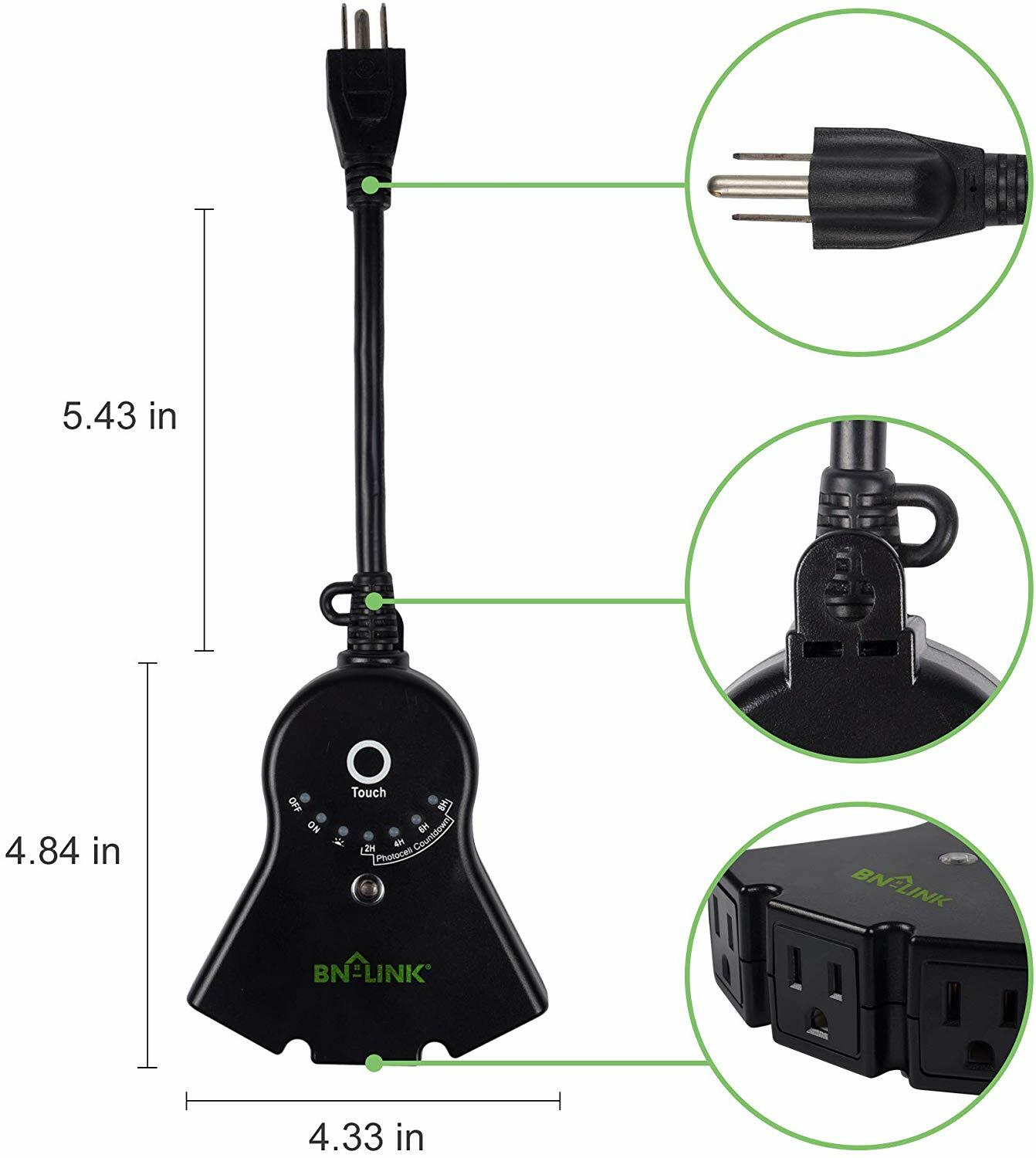 BN-LINK Outdoor Touch Sensor Timer Outlet With Photocell Light Sensor Waterproof