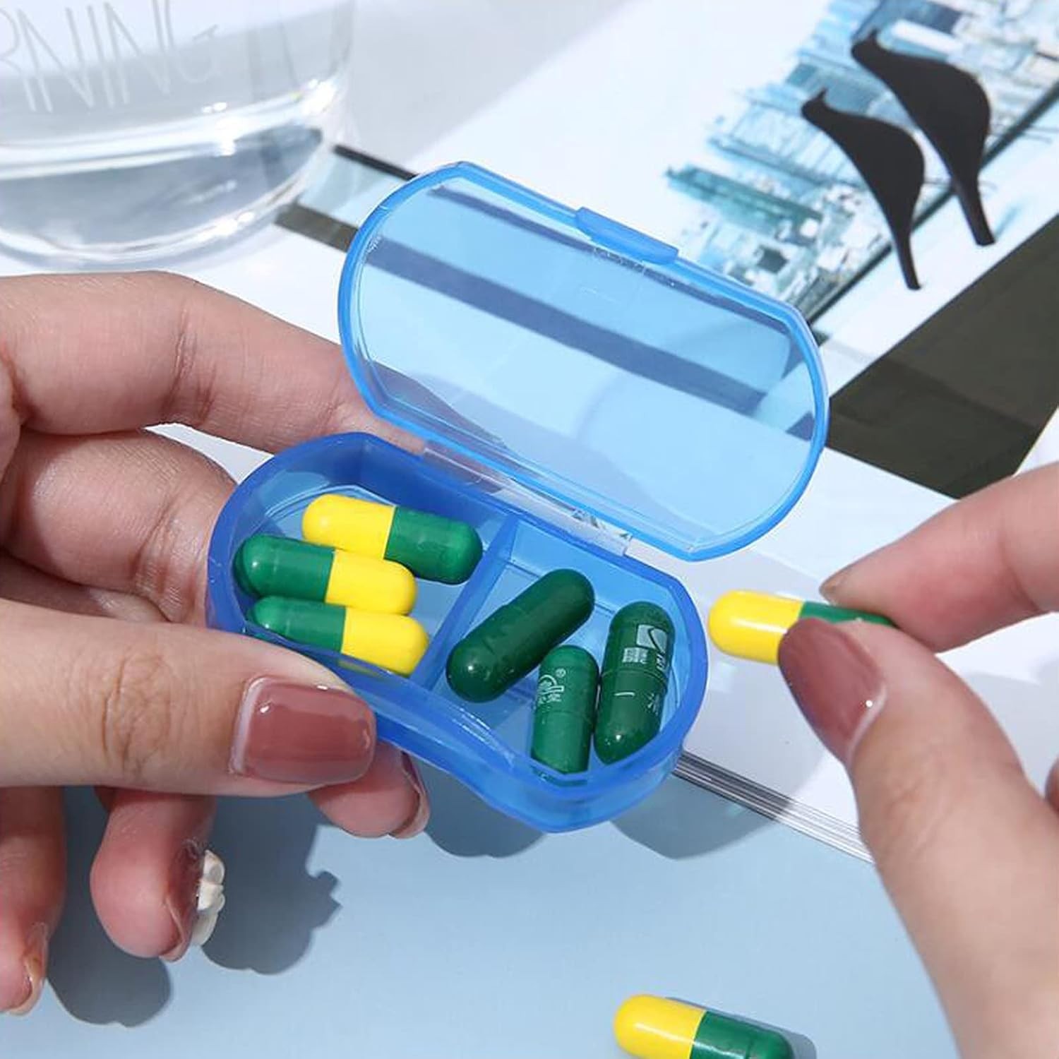 Pill Case for Purse Small Organizer Portable 2-Grids Box, Blue 1pcs
