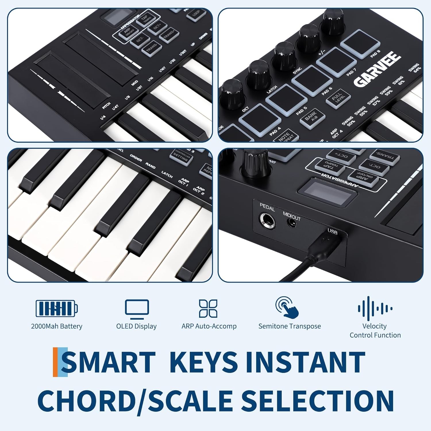 25-Key Half-Weight MIDI Keyboard with 8 Backlit Drum Pads & 8 Knobs, Bluetooth