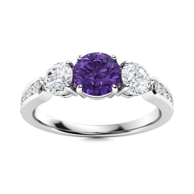 Crown Chakra Natural Amethyst Promise Three-Stone Ring Jewelry 925 Silver