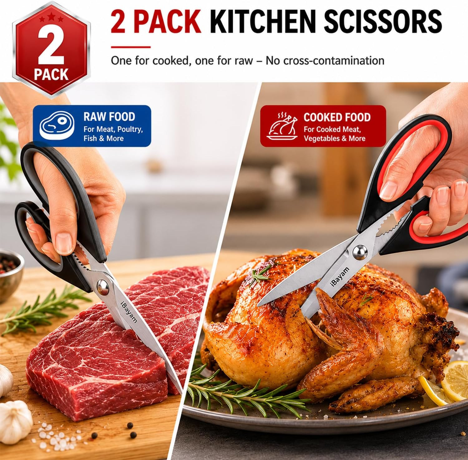 Kitchen Scissors All Purpose Heavy Duty 2 Pack with Protective Sheath, Stainless