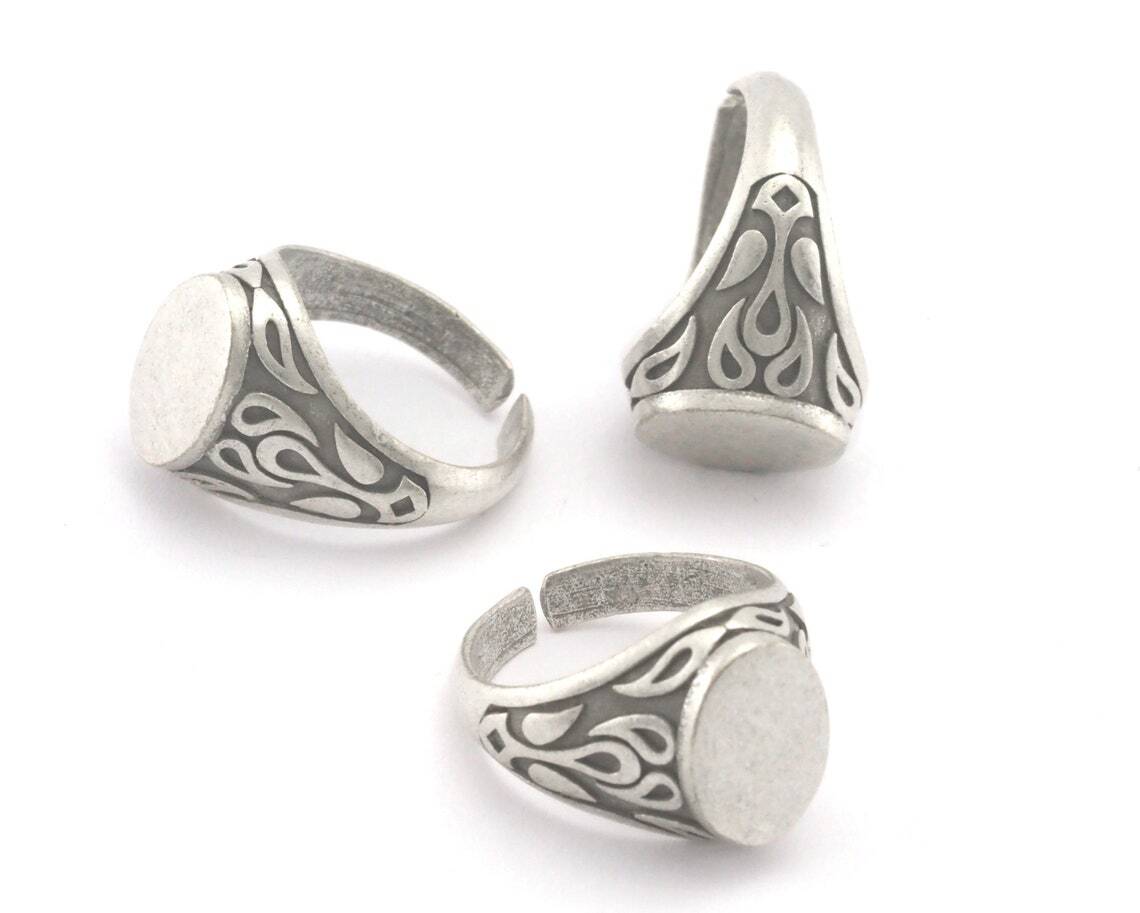 Textured Figure Signet Ring Base Adjustable Antique silver plated 6-9us 4337