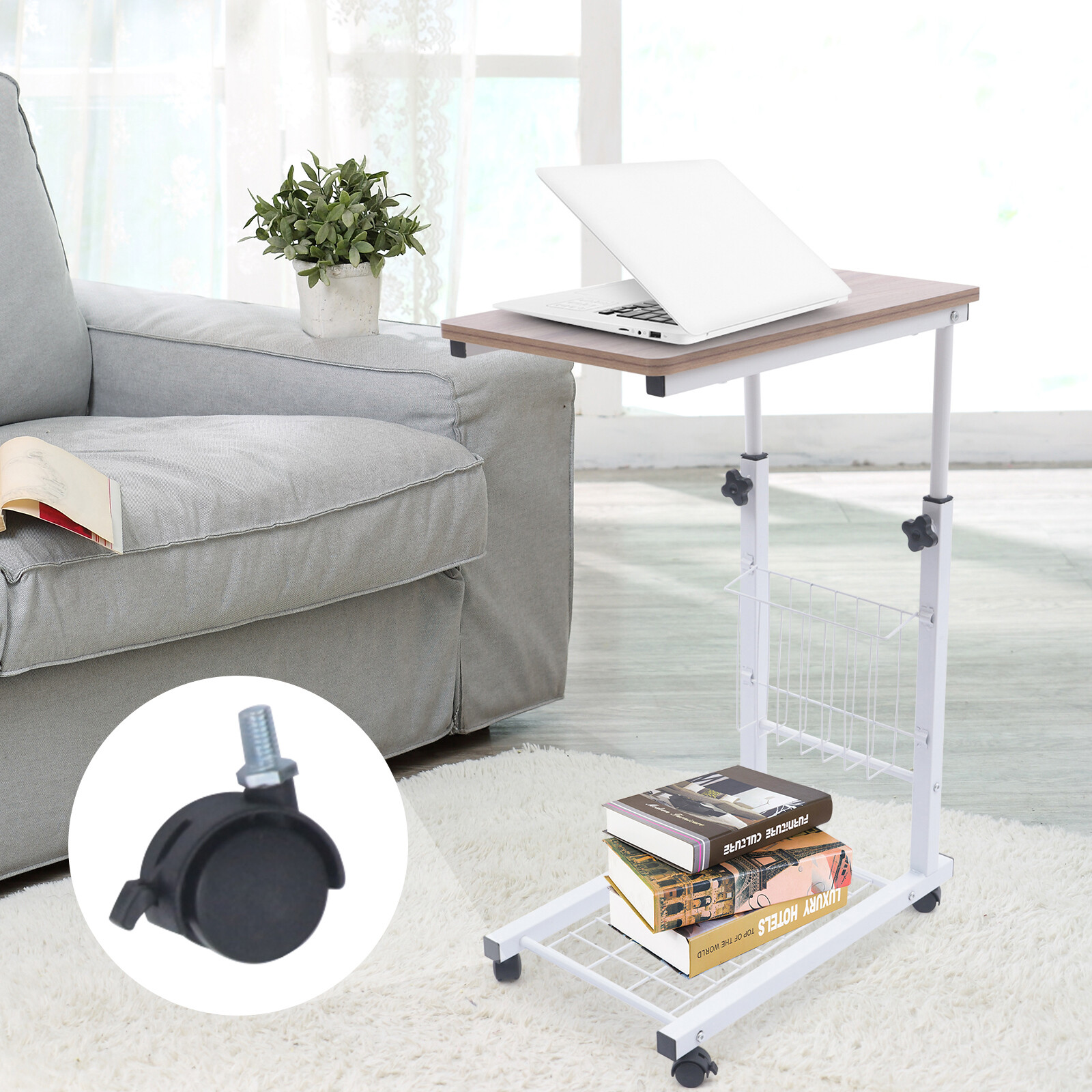Bed Side Table Wheels Hospital Overbed Rolling Tray Sofa Side Desk Adjustable