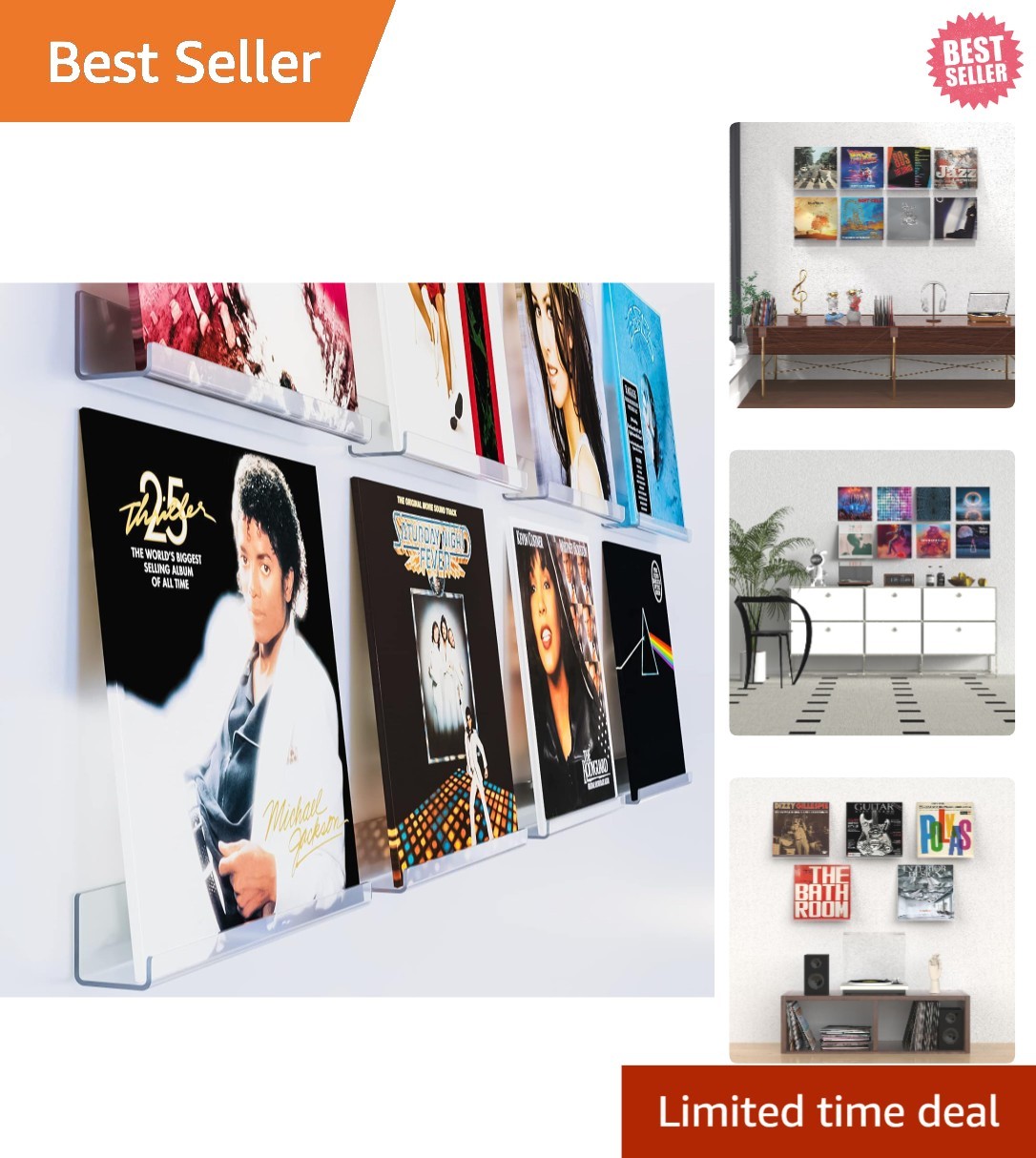 Heavy-Duty Acrylic 12-Inch Wall Mounted LP Record Display Shelves - 8 Pack
