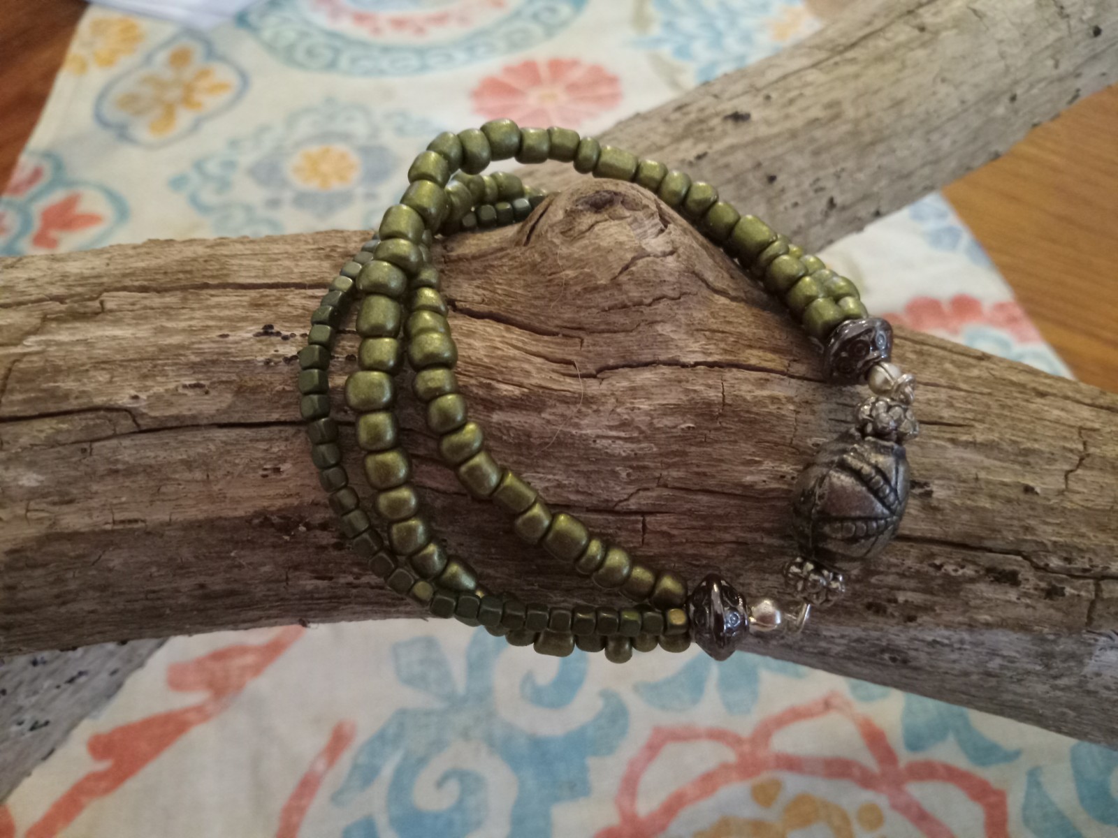 BOHO Handcrafted artisan bracelet, ceramic beads, vintage nickel accents