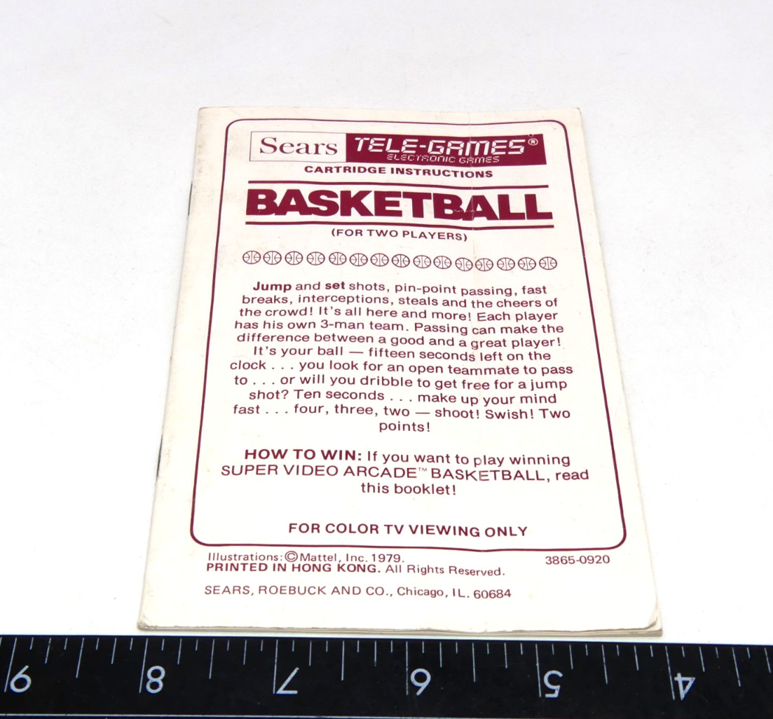 Authentic Sears Tele-Games Basketball Atari 2600 Game Manual Only 1982