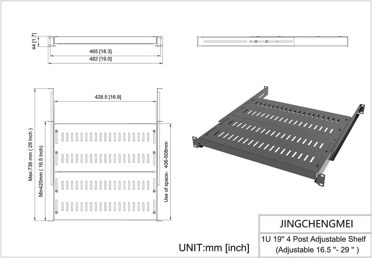 1U Vented 4-Post Adjustable Server Shelf- Universal Tray 16.5-29" Adjustable ...