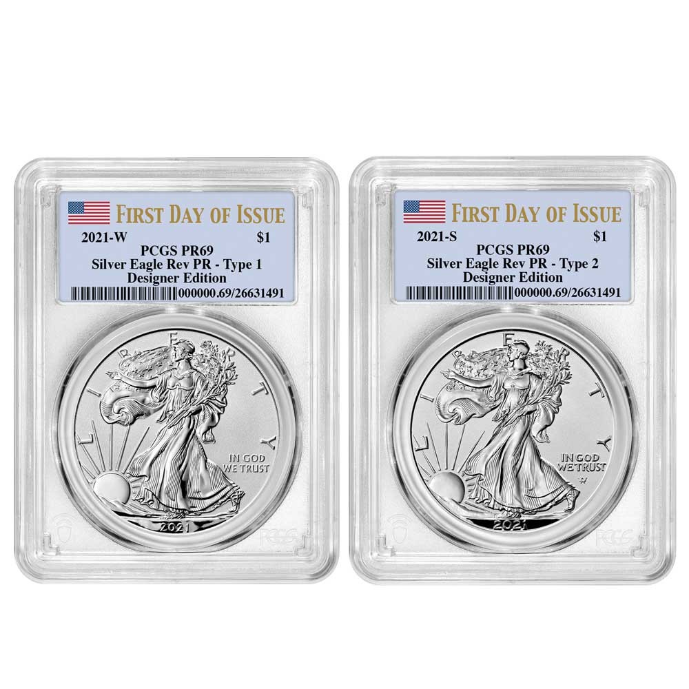 2021 Reverse Proof $1 American Silver Eagle Designer 2pc Set PCGS PR69 FDOI