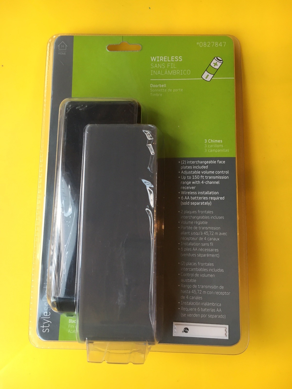 Wireless Doorbell Black & Gray, 3 Chimes, 150' Range, Volume Control Modern Look