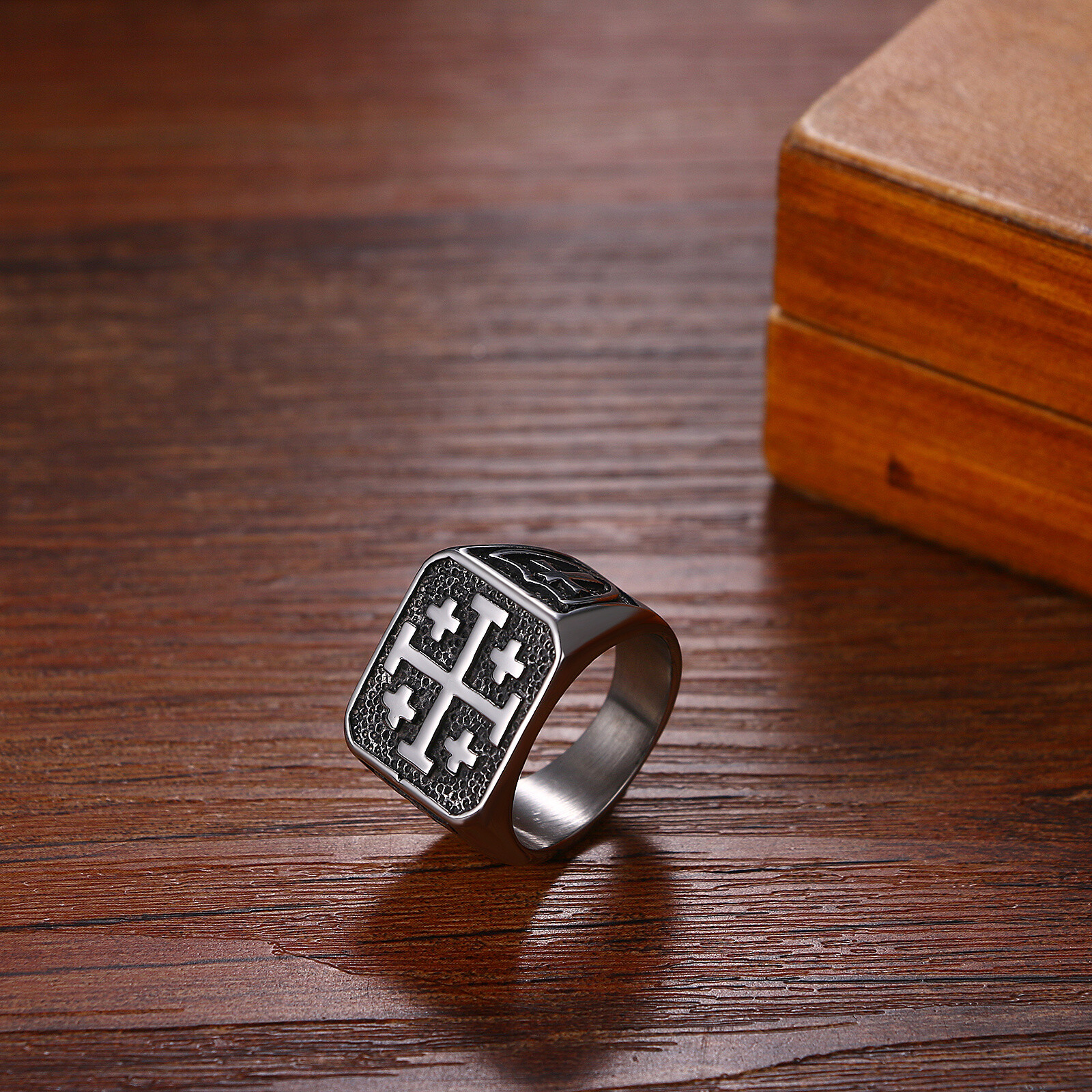 Men's Retro Stainless Steel Jerusalem Cross Signet Ring Size 8-13 Religious Gift