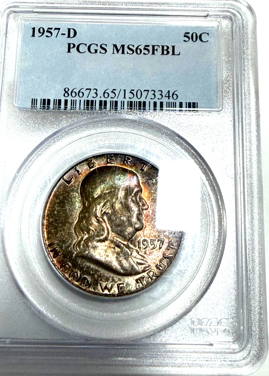 1957D FRANKLIN HALF$ / FULL BELL LINES /COLORFUL TONING BOTH SIDES /PCGS MS65FBL