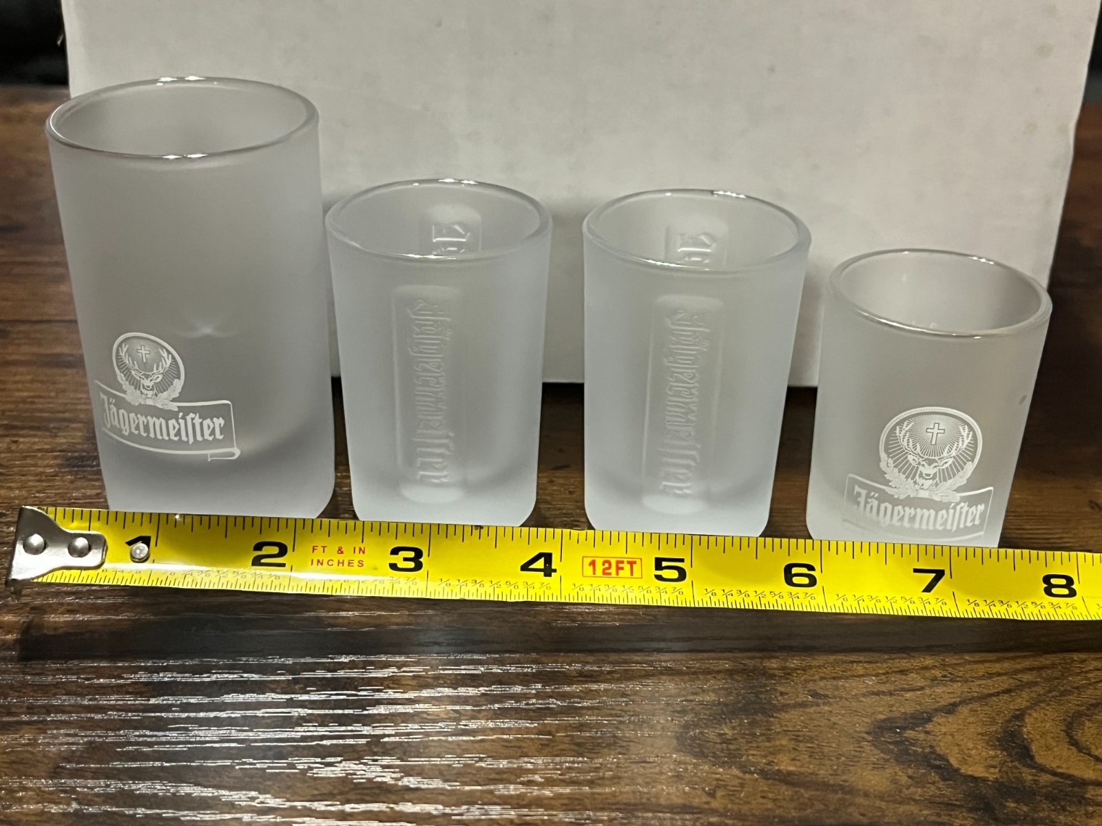 Lot of 4 Jägermeister Frosted Shot Glasses Sizes 2cl & 4cl Stag Logo - FREE SHIP