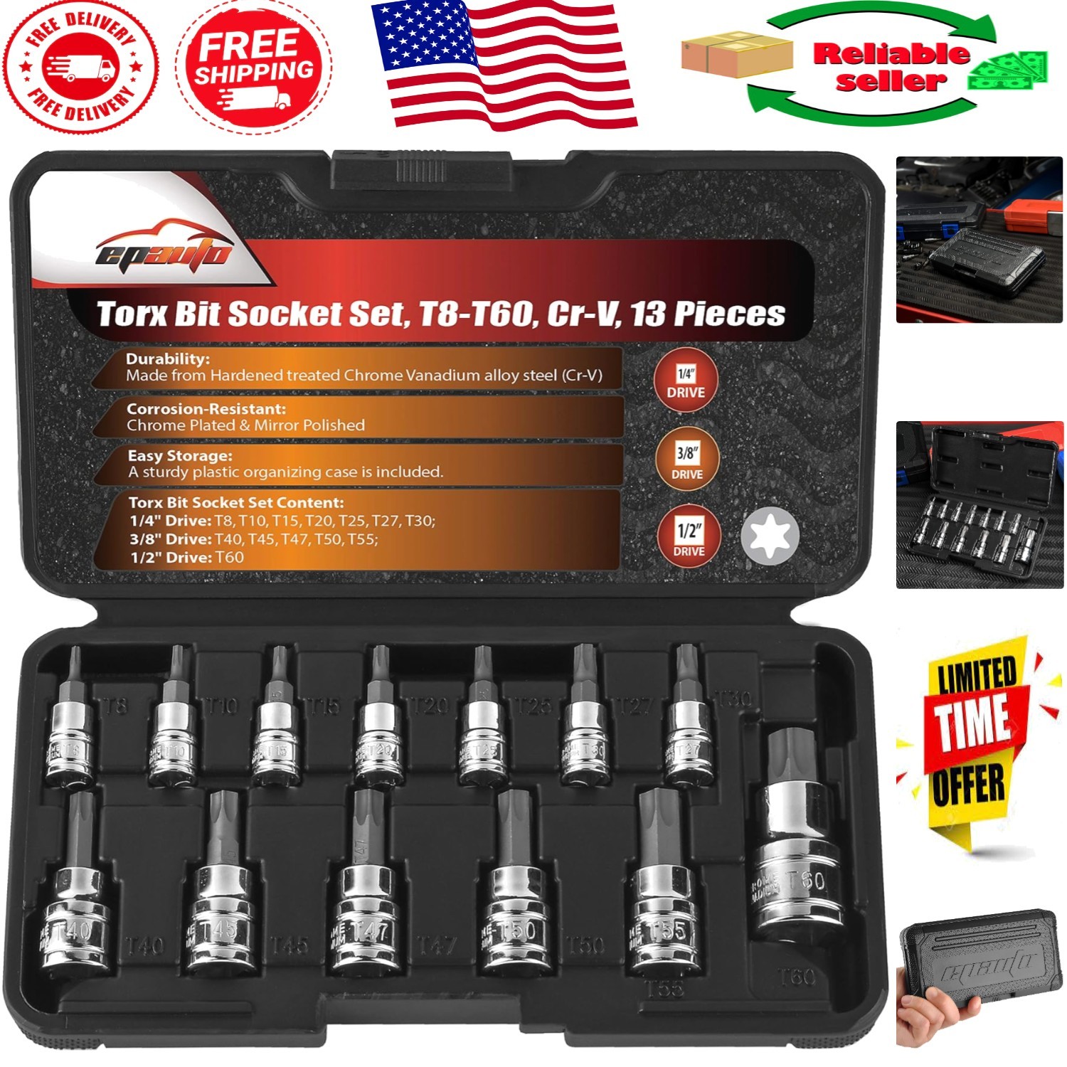 Durable Chrome Vanadium Torx Bit Socket Set T8-T60 - 13 Pieces with Organizer