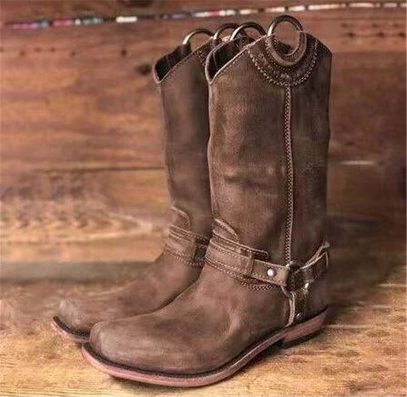 Men's Ankle Boots Leather Motor Cowboy Western Square Toe Zipper Shoes Boot