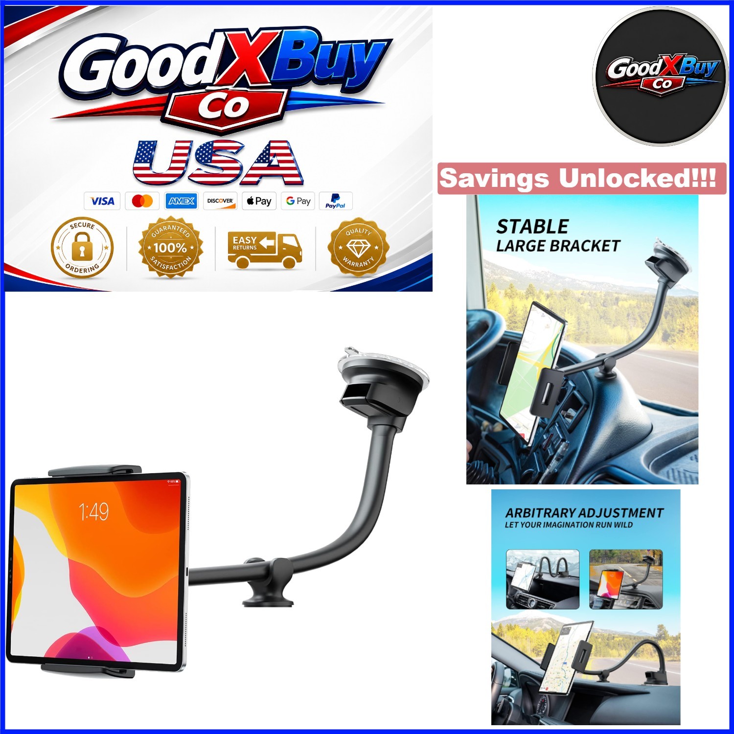 Flexible Gooseneck Tablet Mount for Car SUV Windshield Dashboard Black
