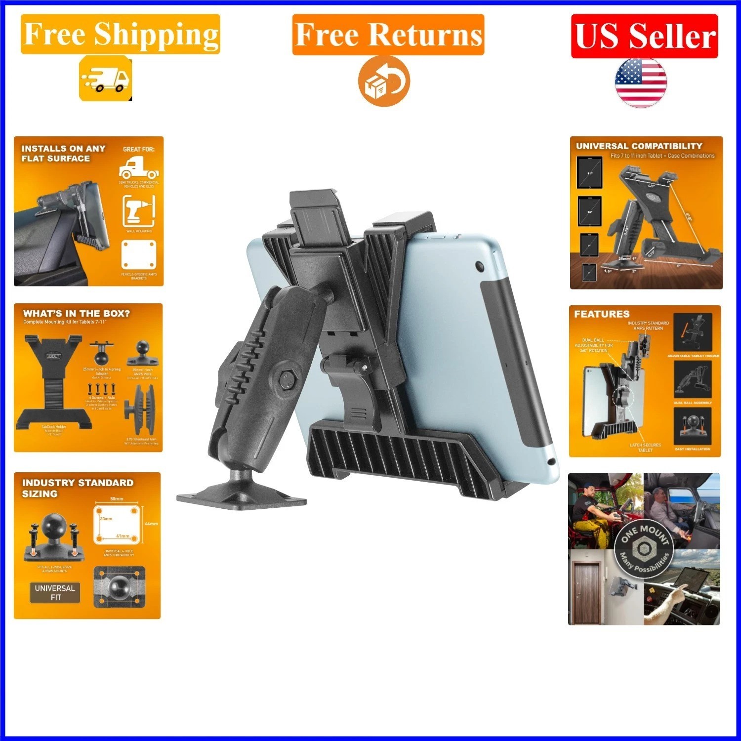 TabDock Bizmount AMPS Heavy Duty Tablet Mount for 7-11 in. Black