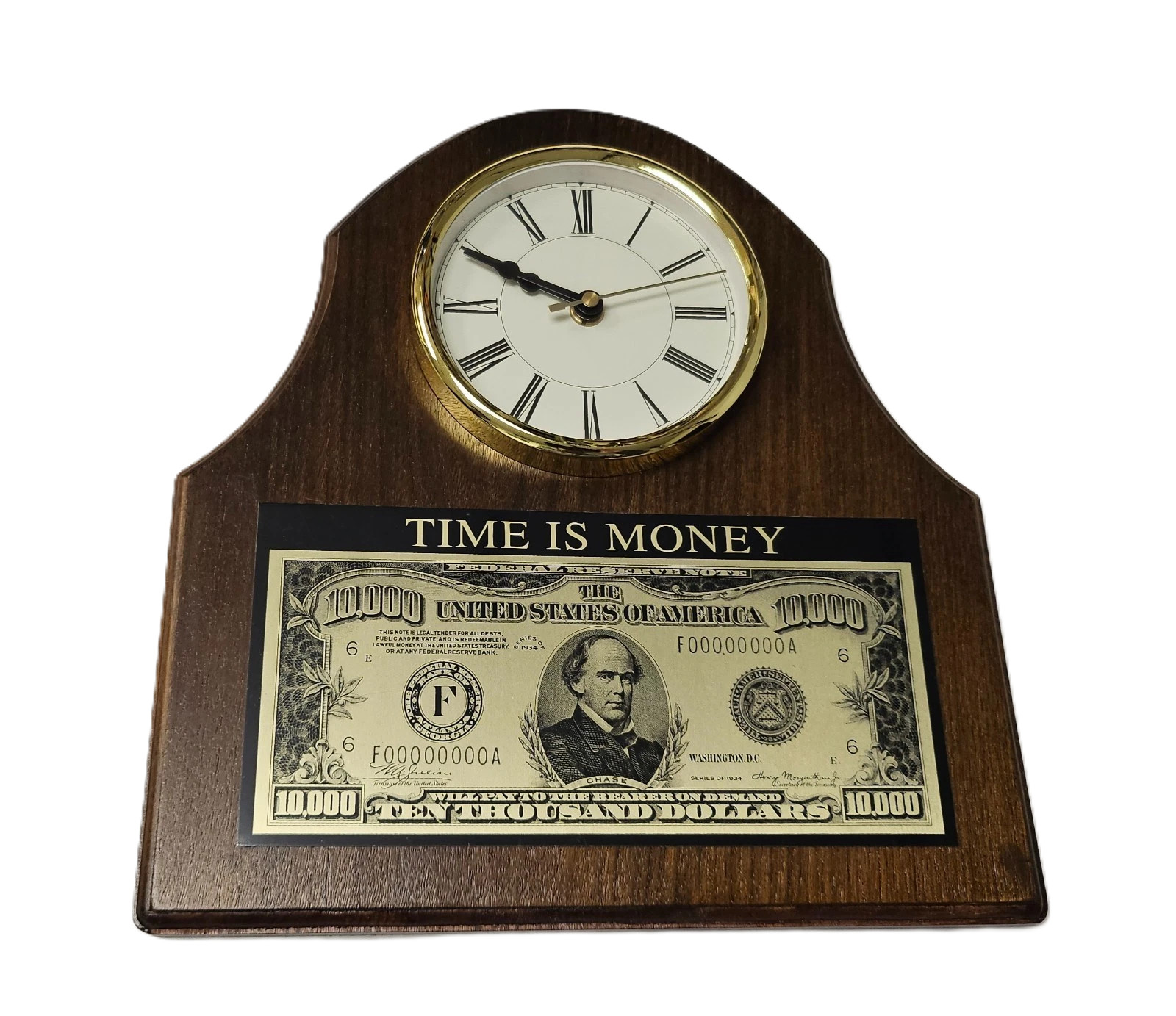 Vintage Time Is Money Wood Wall Clock $10,000 Dollar Bill Salmon P. Chase NEW