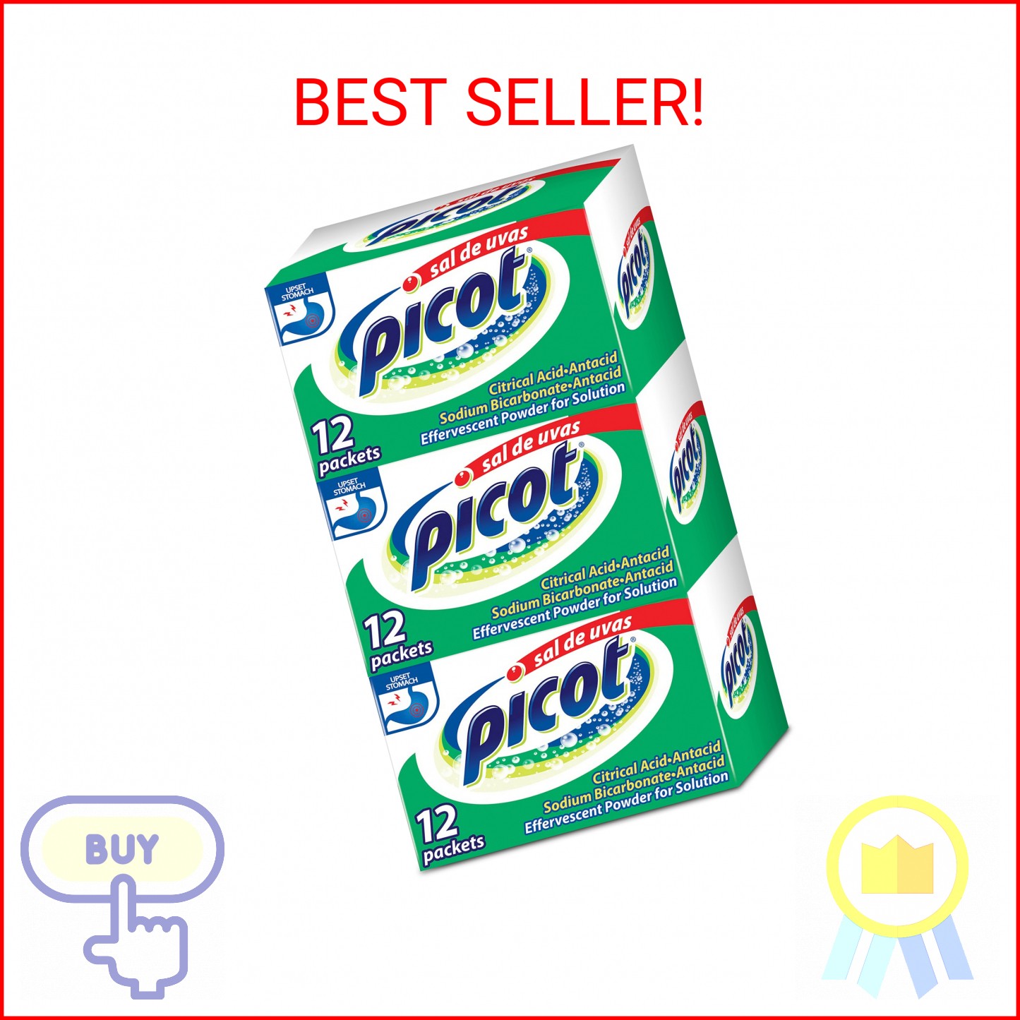 Sal de Uvas Picot, Effervescentl, Powder Solution, Antacid, 3-Pack of 12 Antacid
