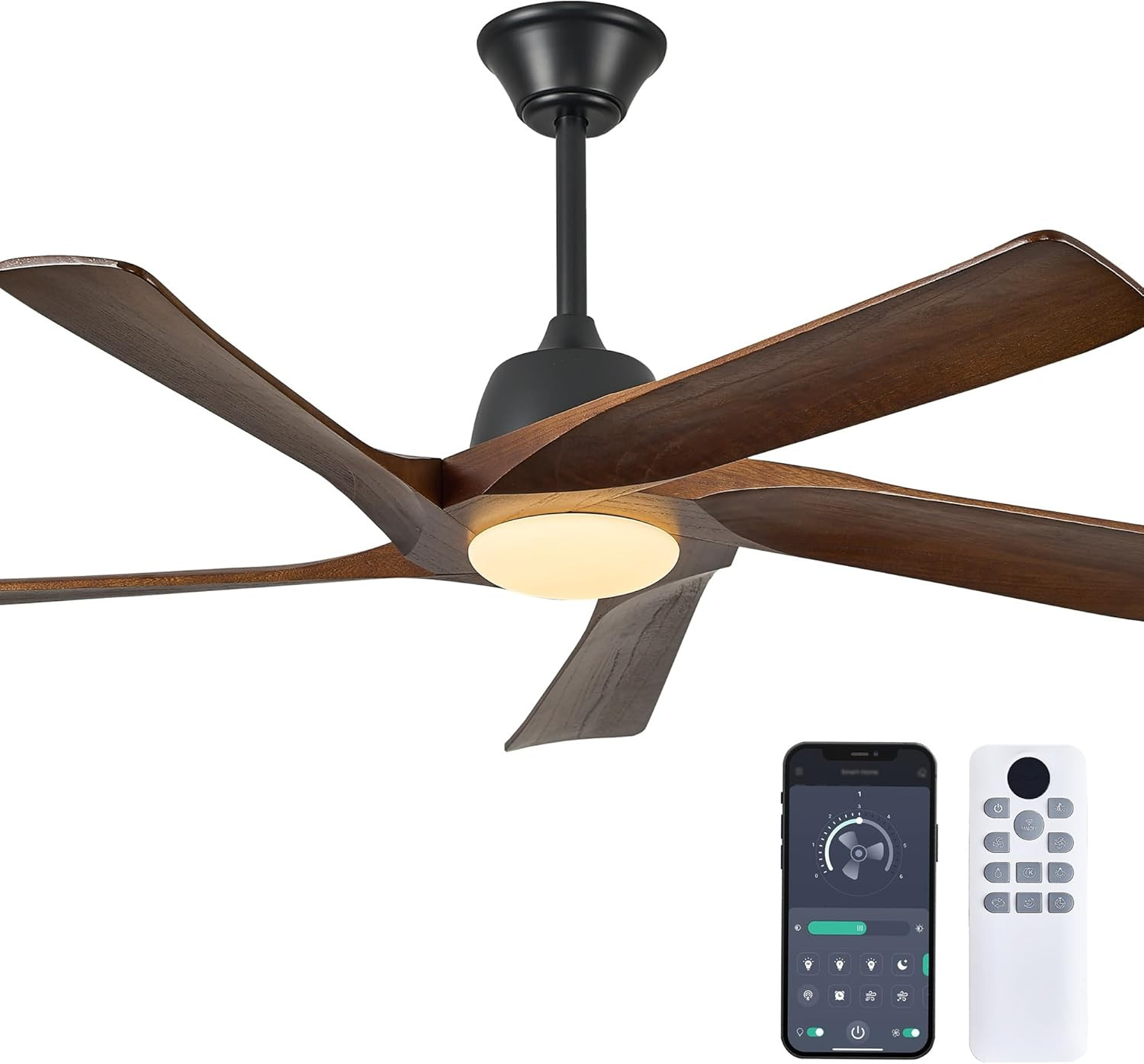 52" Solid Wood Ceiling Fan with Light, (Dark Walnut) | 6-Speed Reversible Quiet