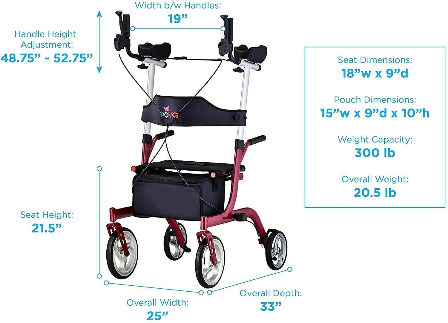 NOVA Phoenix Rise UP Rollator, Upright Walker w/Padded Forearm, Red - OPEN BOX!!