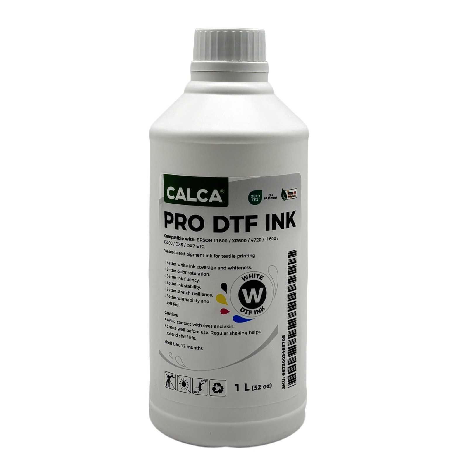 CALCA PRO White DTF Ink for Printheads. 32 oz, Bottle of 1L, Water-based