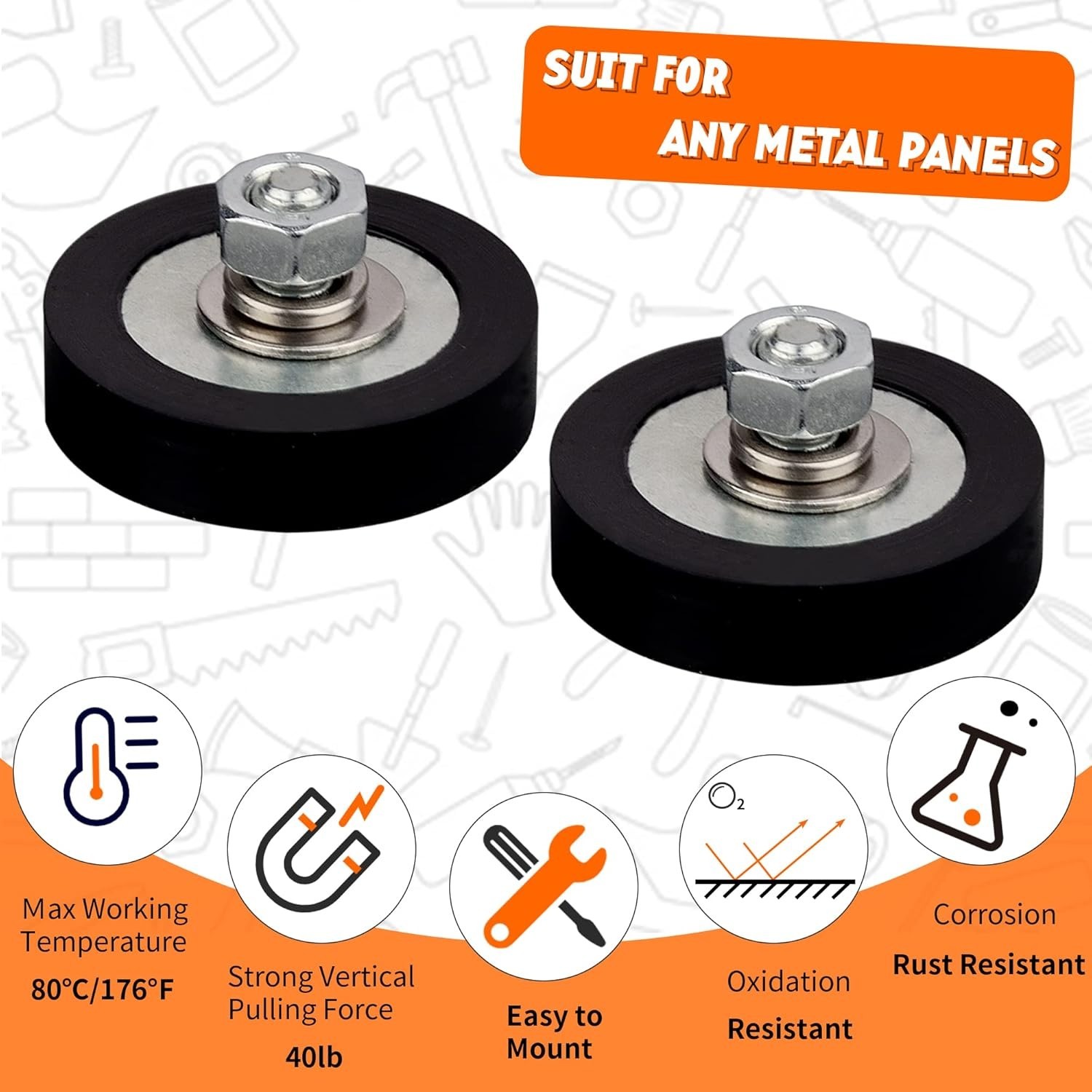40lb Rubber Coated Neodymium Magnets, 4PCS