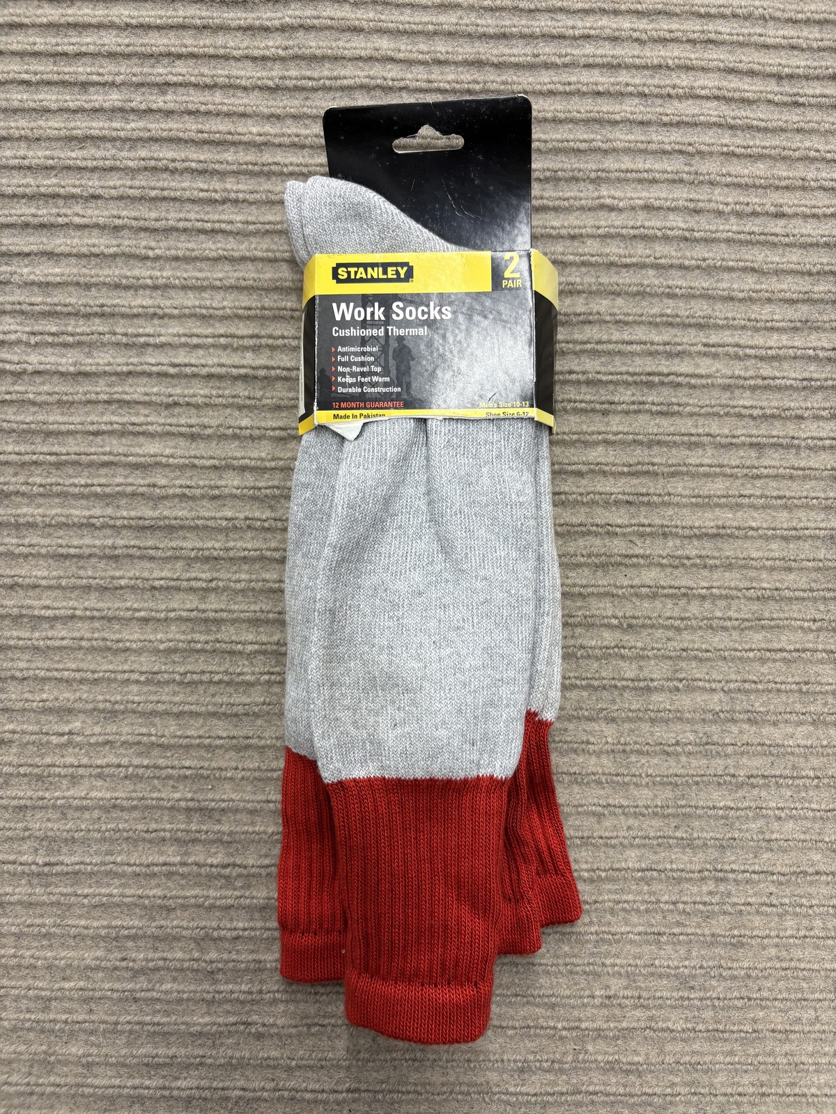 Stanley Work Socks Mens Size 10-13 Cushioned Thermal 2 Pair Antimicrobial Crew