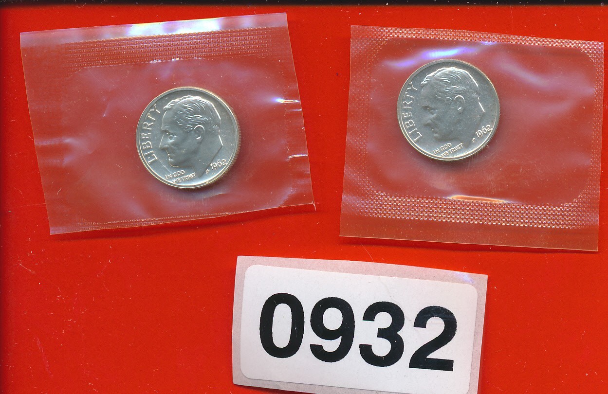 ROOSEVELT SILVER DIMEs - 1962 PROOF PAIR - MINT SEALED #0932