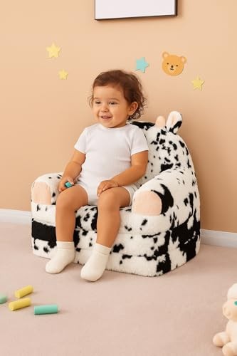 Toddler Chair with Faux Rabbit Fur – 2-in-1 Foldable Kids Couch, Soft Sofa cow
