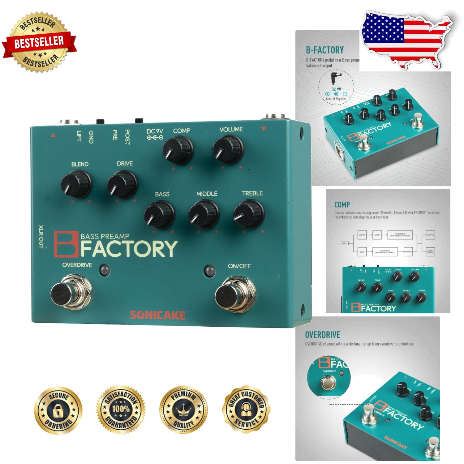 Bass Preamp Pedal Analog Overdrive Compression 3-Band EQ XLR Out