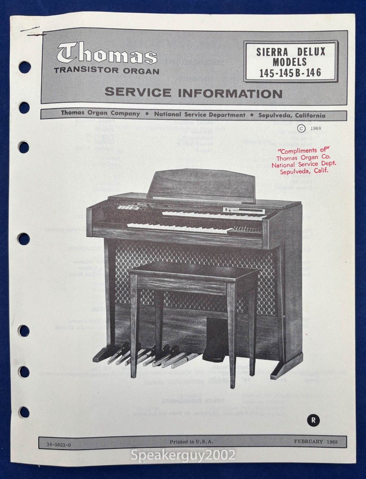 Original Thomas Organ Service Manual / Sierra Delux 145 145B 146 -- #2