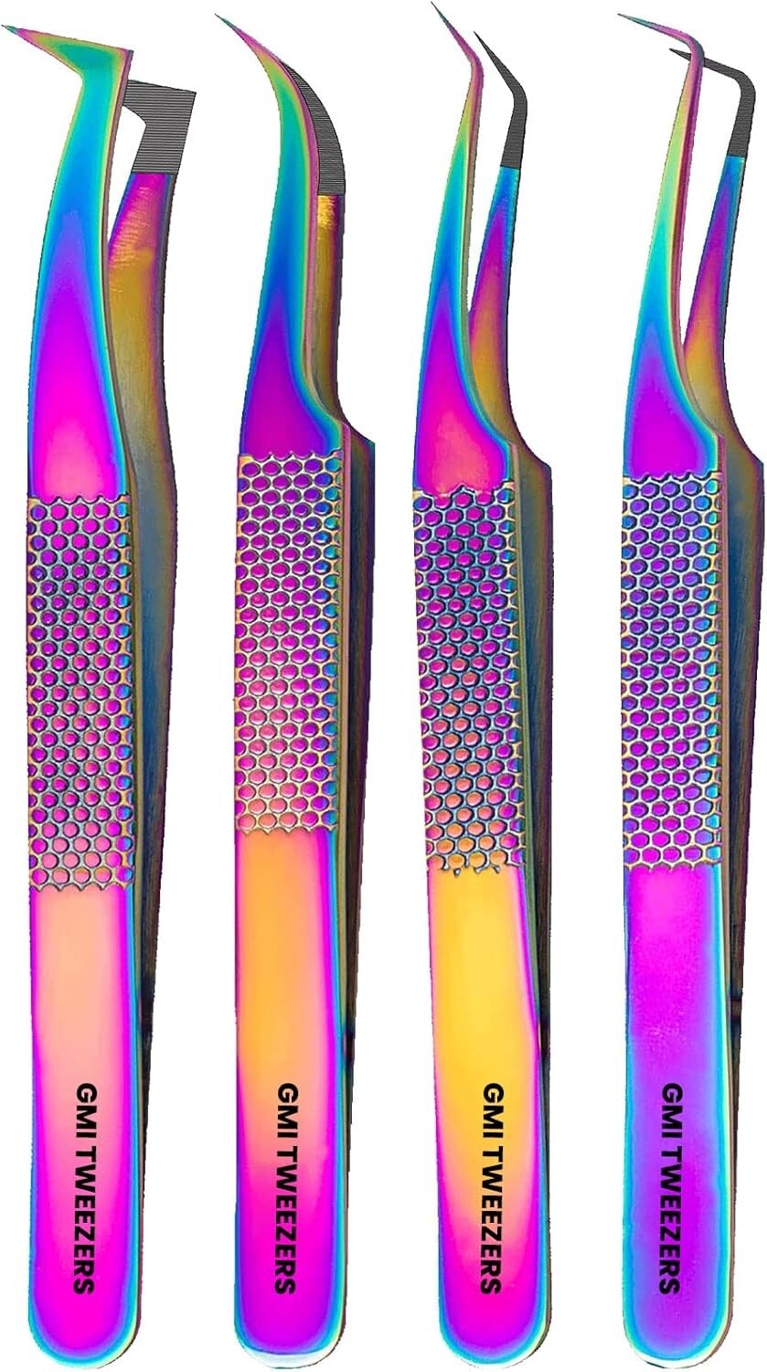 Fiber Tip Lash Tweezers- Pack of 4 Eyelash Extension Tweezers Professional