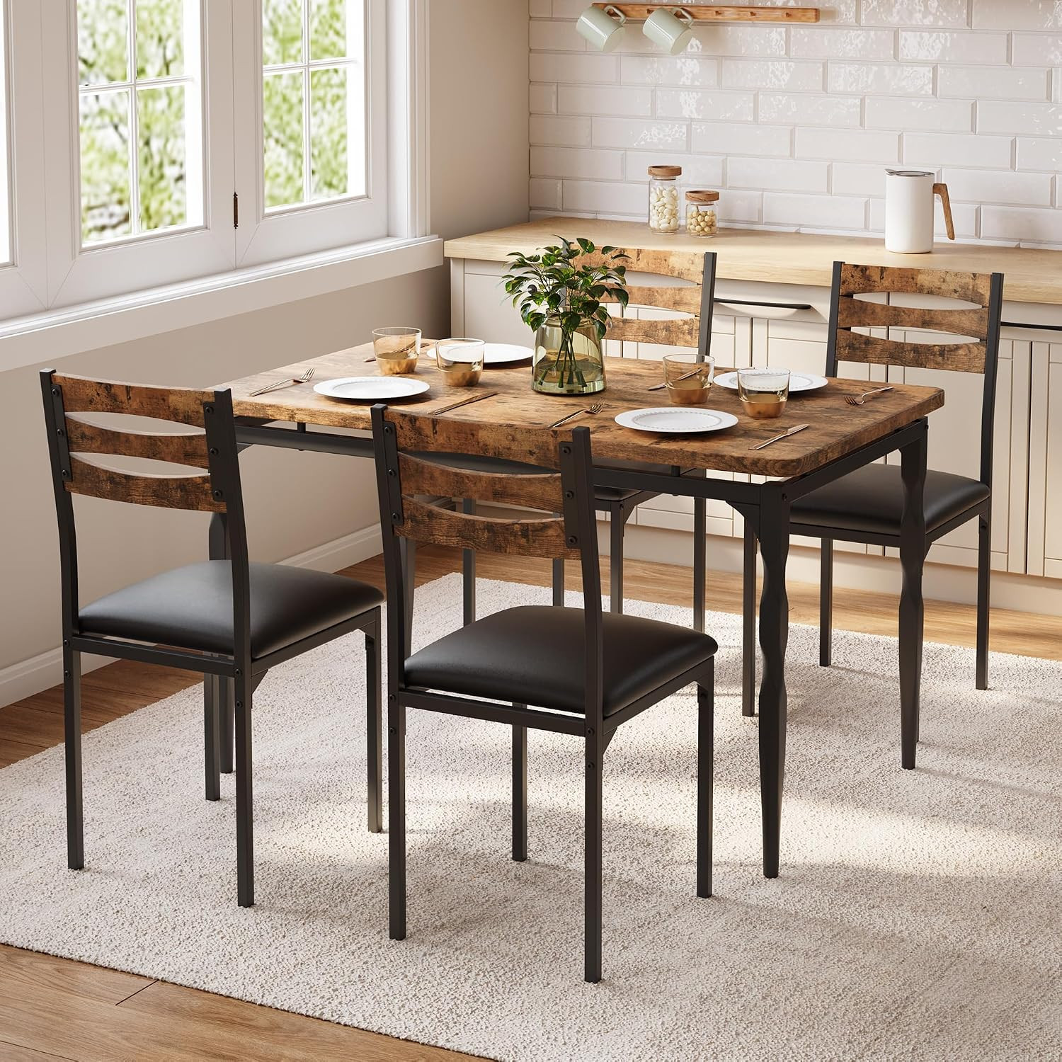 5 Piecs Dining Table Set, Farmhouse Style Dining Table and Chairs Set for 4, Din