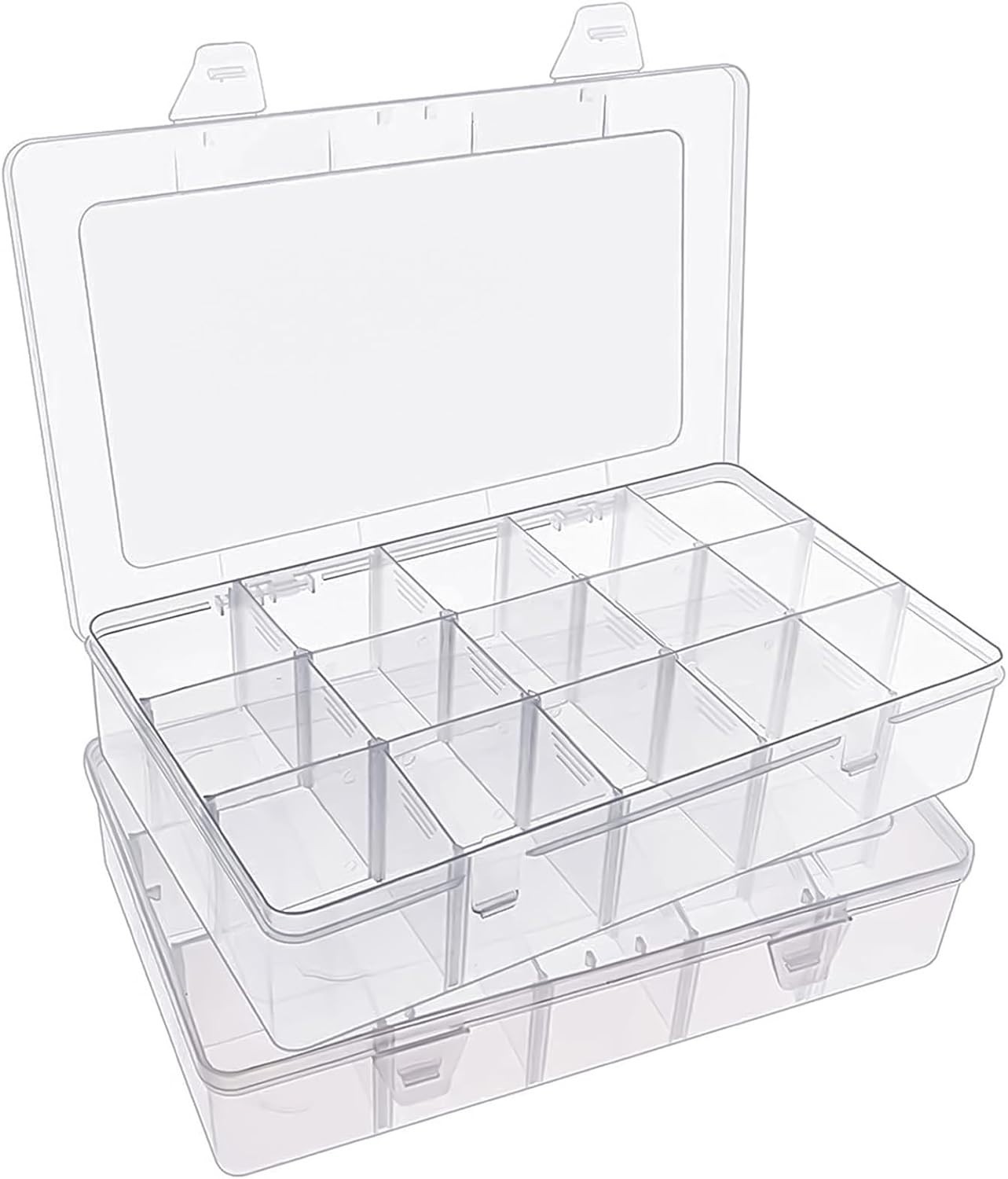 2 Pack 15 Girds Bead Organizer, Large Clear Plastic Organizer Box with Adjust...