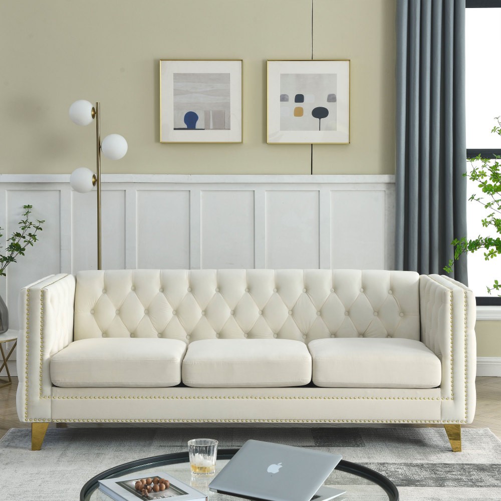 Velvet Sofa 3-Seater Tufted Chesterfield w/ Metal Legs Beige