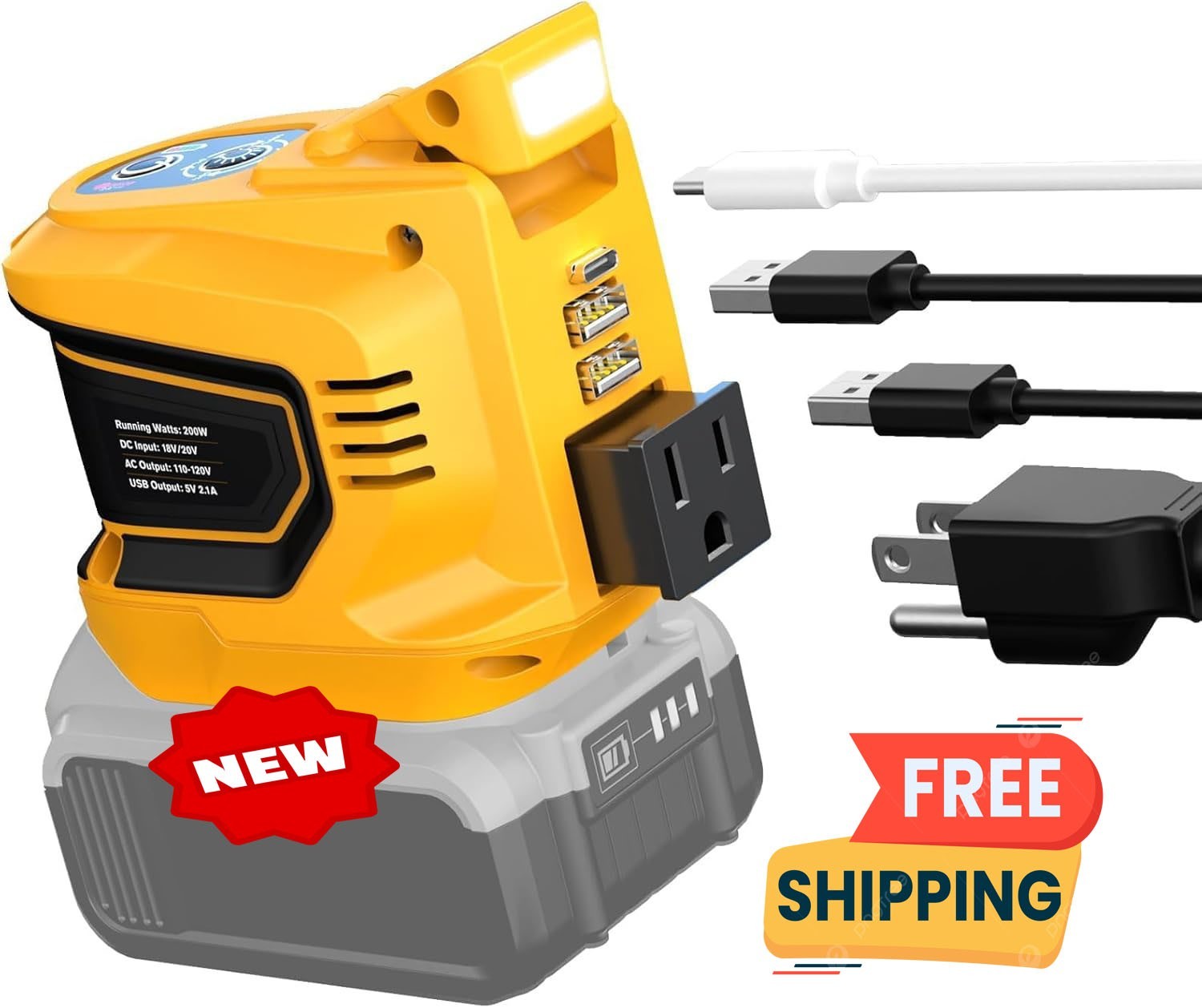 Inversor de corriente portátil de 200 W compatible con baterías DeWALT de 20 V,