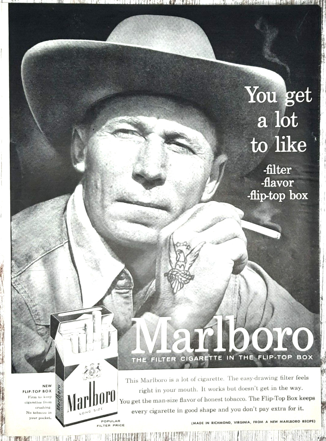 1956 Marlboro Vintage Print Ad Cigarettes Tobacco Tattoo Cowboy Hat Smoke B&W