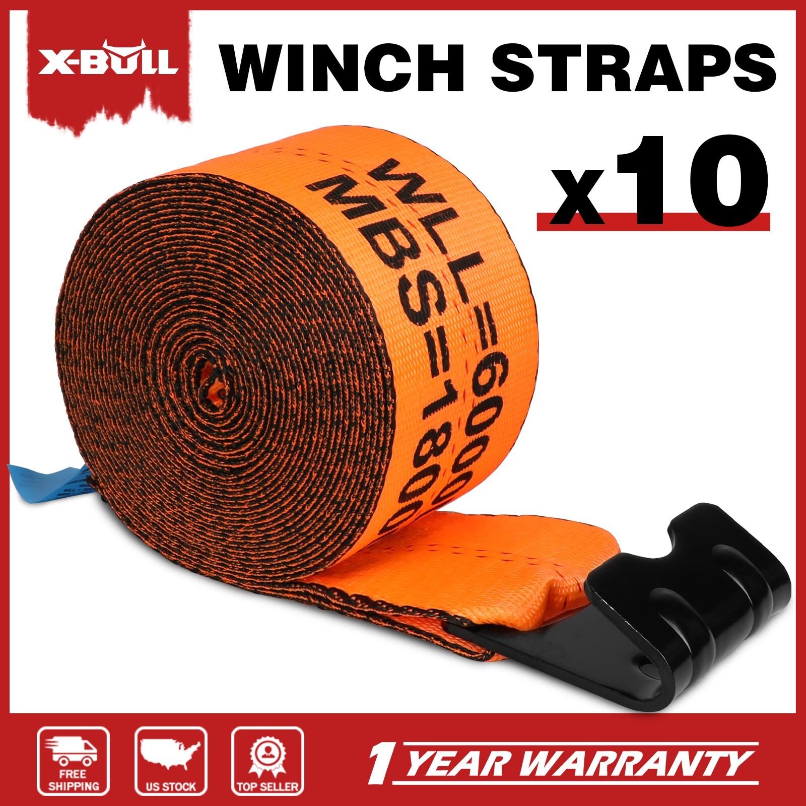 X-BULL 10 Pack 4" x 30' Winch Truck Straps w/Flat Hook Towing 18000 lbs Orange