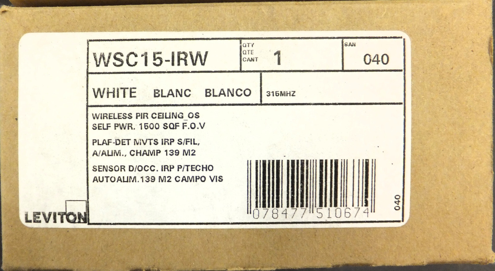 Leviton WSC15-IRW - 1500 Sq.ft Wireless Passive Infrared Ceiling Occupancy Sens.