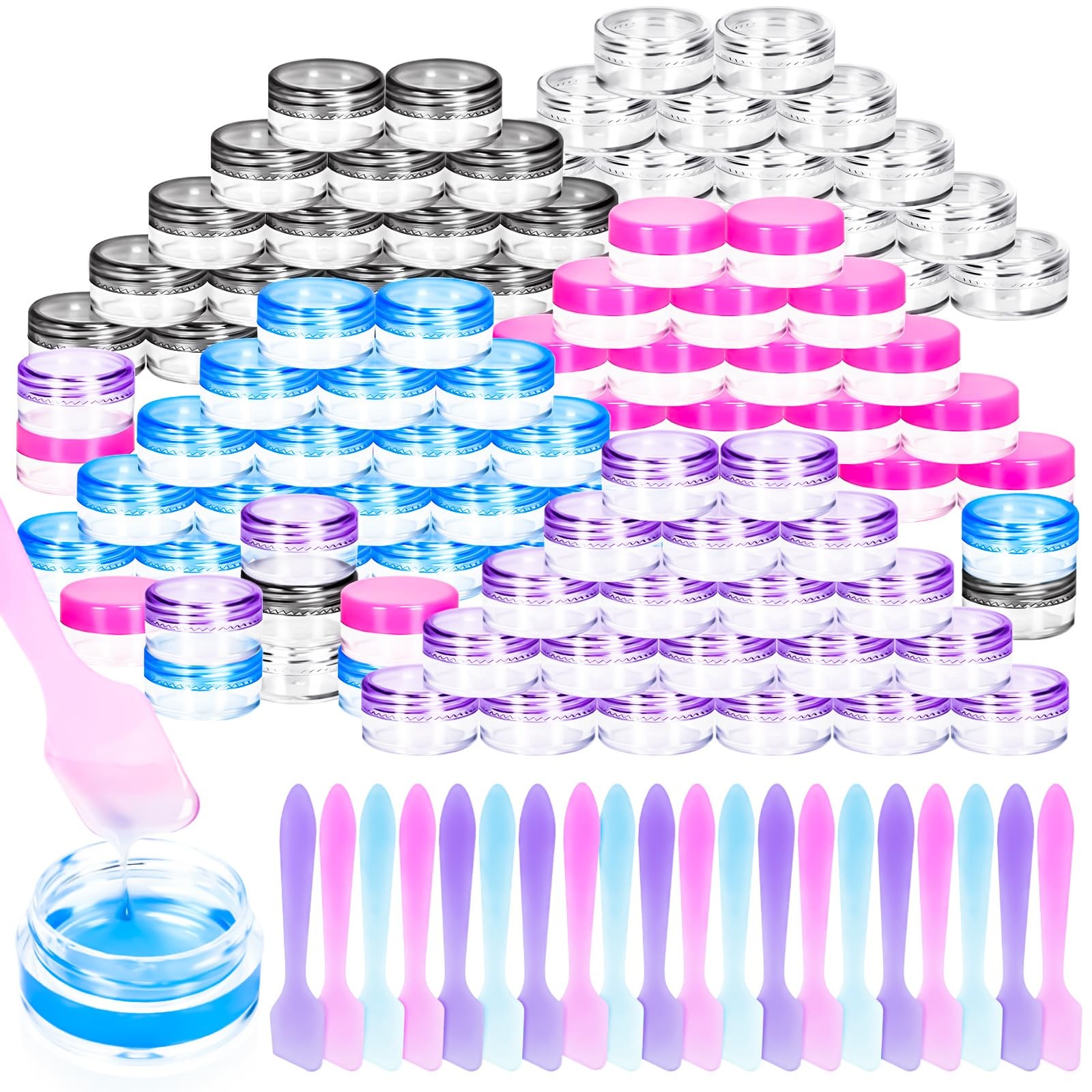 100 Pcs 5g Empty Plastic Containers with Colored Lids,Mini Makeup Sample Cont...